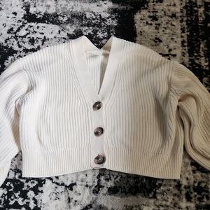 H&M Cropped Button-Front Ribbed Sweater Cardigan - Cream